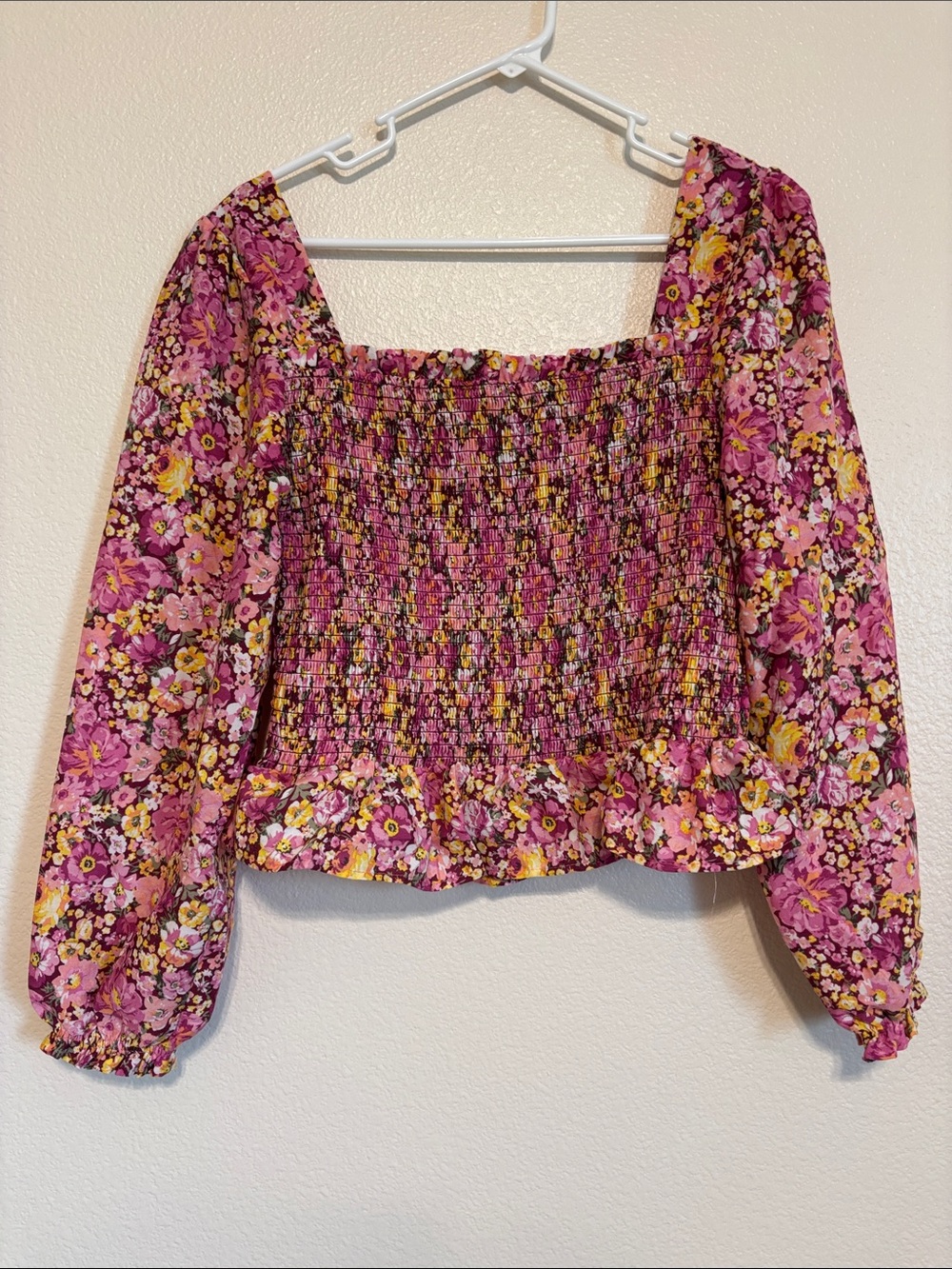 Crystal Doll Pink & Yellow Floral Smocked Peplum Crop Top XL